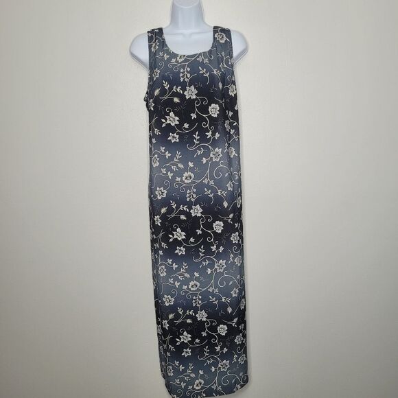 Vintage 90s blue brown ombre flower print tie back retro maxi dress Large - Picture 1 of 5